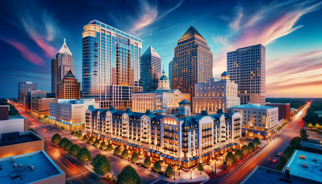 Panoramic view of luxury hotels in Indianapolis, including modern and historic buildings, illuminated against a twilight sky.