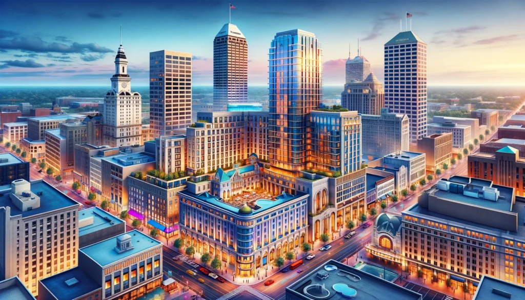 A vibrant cityscape of downtown Indianapolis showcasing several top hotels, including The Conrad, JW Marriott, The Alexander, Le Méridien, Omni Severin, and Hyatt Regency, with bustling streets and notable landmarks.