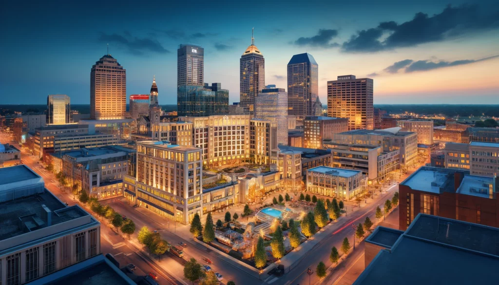 A scenic view of downtown Indianapolis at dusk, showcasing prominent hotels with well-lit buildings and bustling streets.