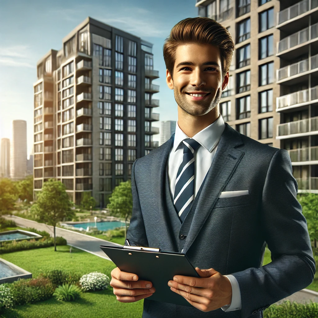 professional property manager in Indianapolis, standing confidently in front of a modern apartment building.